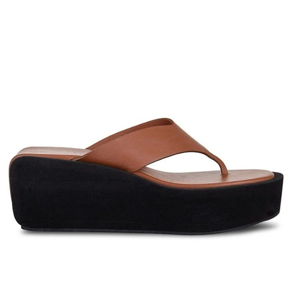 Frame Denim Brown Leather Thong Platform Sandal with Black Wedge